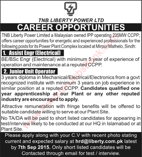 Tnb Liberty Power Plant Mirpur Mathelo Sindh Jobs August